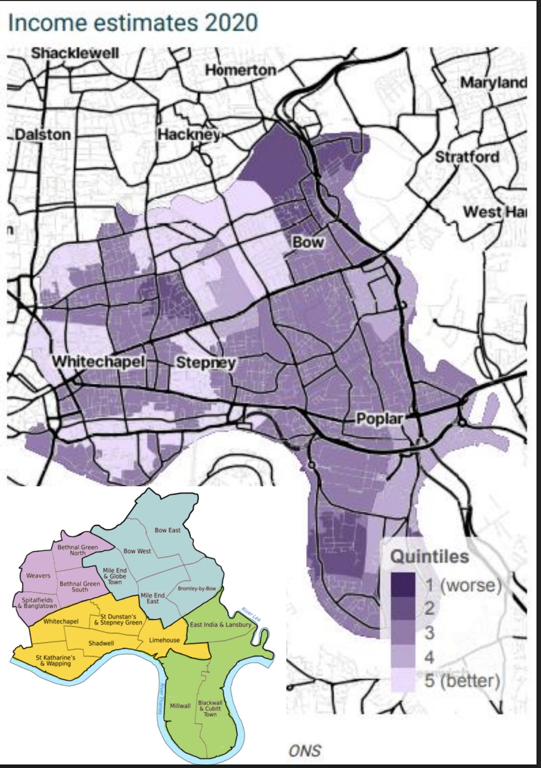 Tower Hamlets income deprivation map (ONS income estimates 2020) showing deprivation quintiles across Bow, Whitechapel, Stepney and Poplar, alongside a ward map of the borough divided into the four NHS Communities Keeping Well quadrants.